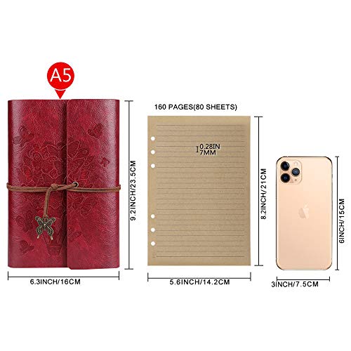 Pu Leather Journal Notebook,Ruled Refillable Notebook Writing Journal Diary Sketchbook,160 Pages Travel Journal For Girls Women Gifts A5 9.3 X 6.3 Inch (Red) #TOP1