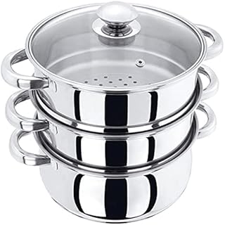 Steamer Cooker Pot Set with Glass Lid Stainless Steel Induction Friendly, 3 Tier Pan, 20cm, by VINOD