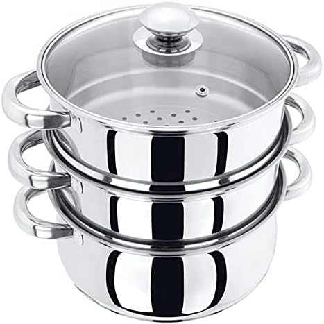 Steamer Cooker Pot Set with Glass Lid Stainless Steel Induction Friendly, 3 Tier Pan, 20cm, by VINOD