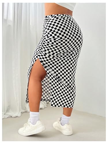 WDIRARA Women's Plus Size Checkered Split Thigh Midi Skirt Ruched High Waisted Bodycon Skirts2