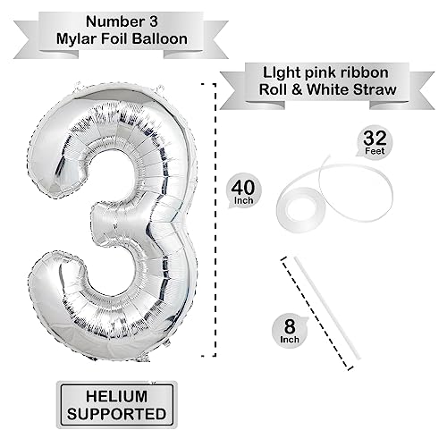 Image of 40 Inch Silver Number Balloons, Helium Mylar Foil Number Balloons for Birthdays, Number 3 Balloon for Party Wedding Bachelorette Birthday Bridal Shower Anniversary Celebration Party Decorations