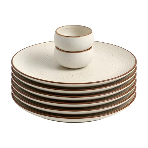 Image of miah decor Dinner Plates Ceramic Set of 6 (10 inch) & Mini Dip Bowl Set of 2 (3.5 inch) | Handcrafted Stoneware Ribbed Off White Matte Finish Plate for Dining & Gifting | Microwave & Dishwasher Safe