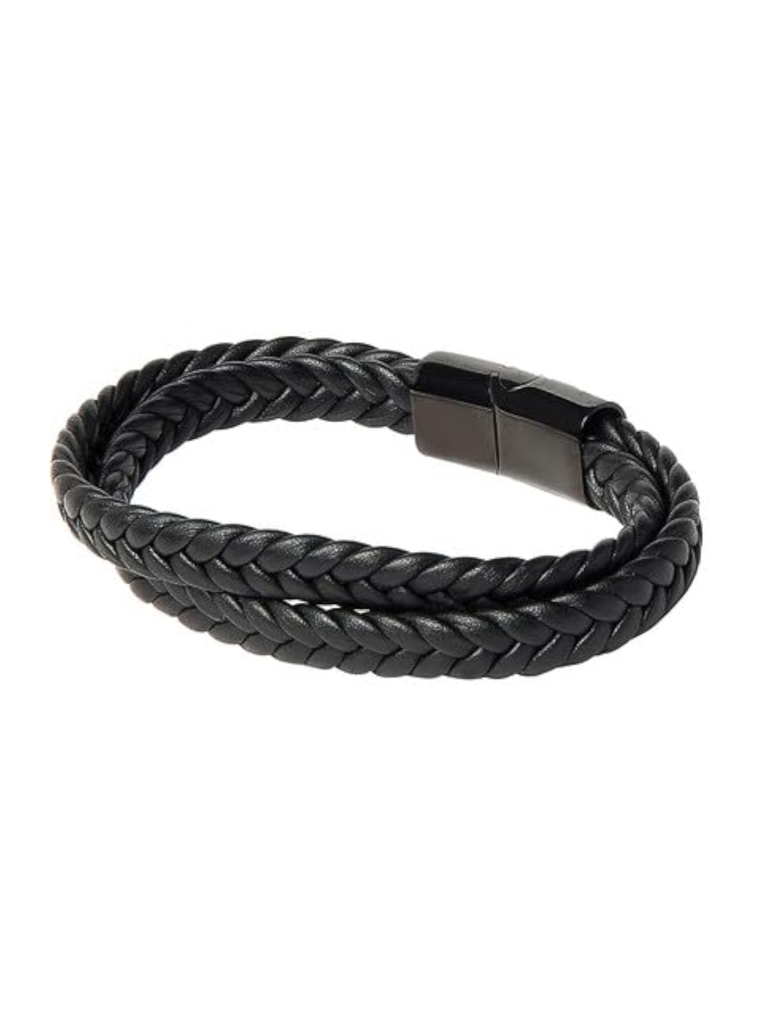Unisex Braided Designer Stainless Steel and Leather Bracelet, Black