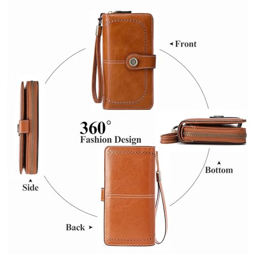 Image of Women Leather Wallet Crossbody Shoulder Bag with Double Zipper and Mobile Phone Purse with Shoulder Strap