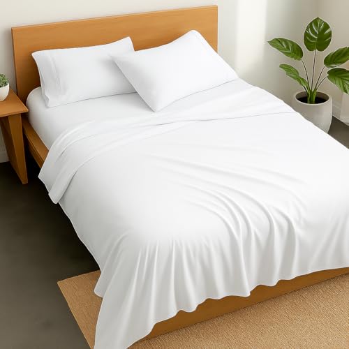 Image of King Size - 102x108 Comforter Set, 4 Pieces Bed in a Bag, Complete Bedding Set Includes White Comforter, Flat Sheet,2 Pillowcases, White