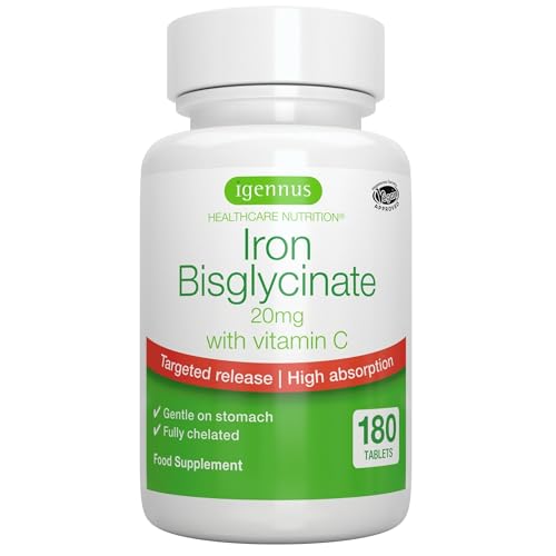 Igennus Chelated Iron Bisglycinate 20mg with Vitamin C, 180 Tablets, 6 Month Supply, Clean Label, Gentle Formula & Targeted Release, One Daily, for Women & Men, Vegan, by Igennus