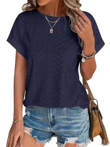 Bliwov Camisetas de manga corta para mujer, bordadas con ojales, para verano, otoño, dobladillo curvado, ropa de vacaciones en la playa, Azul marino, Large
