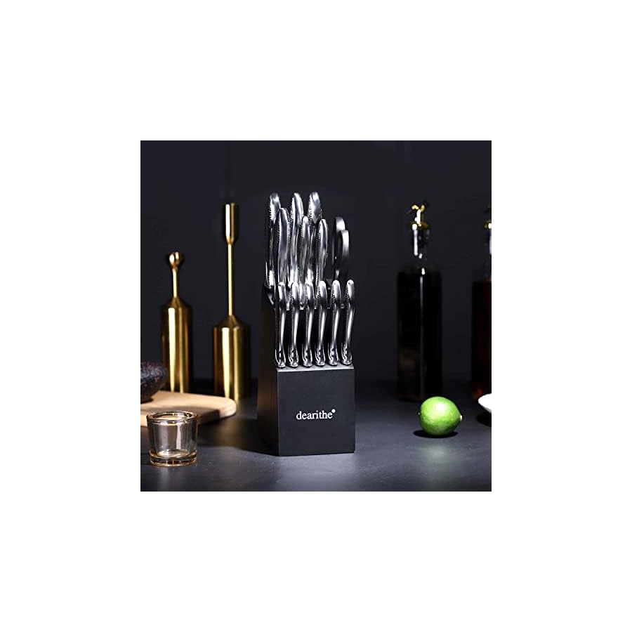 dearithe Knife Sets for Kitchen with Block, 14 Piece High Carbon Stainless Steel Knife Block Set with Built-in Sharpener, Professional Kitchen Knife Set, Hammered Pattern Hollowed Handle Design