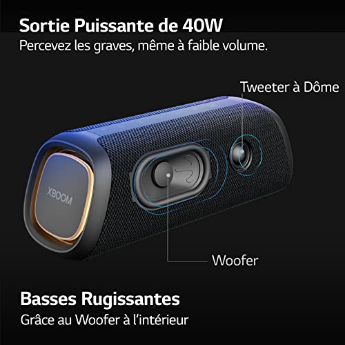 LG XBOOM Go XG7 - Enceinte Bluetooth étanche à l’Eau et à la poussière - Jusqu’à 24h d’autonomie - Bluetooth 5.1 - Puissance 40W - Basses rugissantes, Noir