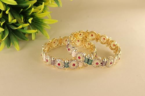 Image of NMII Royal Golden Metal Bangles Set For Women & Girls with Zircon Diamond Stone | Traditional Gold Plated Kangan Set | Fancy Women's Fashion Jewellery Bangles | Wedding, Party, Festive- Set of 2