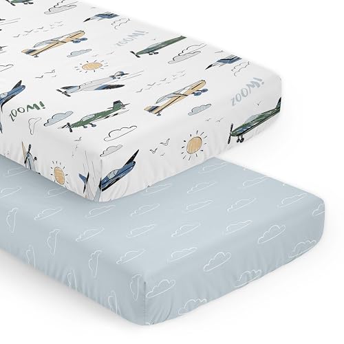 Image of Sweet Jojo Designs 2-Piece Baby Crib Sheets Set (Vintage Airplane) for Boys, Infant Nursery, Toddler Room - Fitted, Standard Size (Airplanes, Plane, Transportation, Aviator, Clouds, Green, Slate Blue)