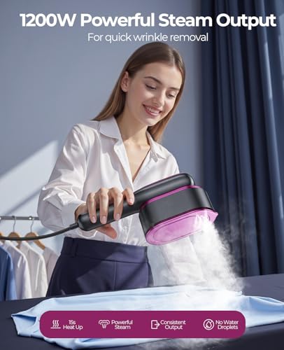 Image of Travel Steamer for Clothes Portable: Handheld Steam Iron 1200W 350F - 5 Adjustable Steam Anti-Drip 15s Heat Up - Large Ceramic Panel 110-120V