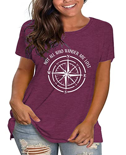 Plus Size Not All Who Wander Are Lost Shirts Women Tshirts Compass Graphic Tees Summer Tops 3X Burgundy #TOP1