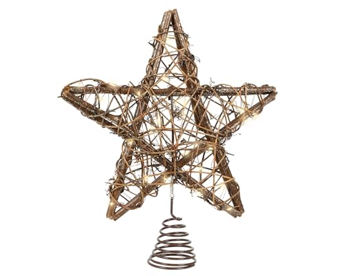 LED Christbaumspitze Stern mit Timer 30cm Rattan - Beleuchtete...