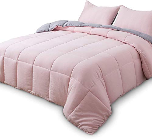 Domdec 3-Piece Down Alternative Quilted Comforter Set All Season Reversible Duvet Insert With 2 Standard Pillow Shams Machine Washable Light Weight(Full/Queen Set, Pink/Grey) #TOP1