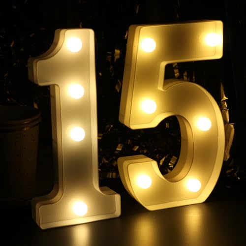 Image of H:7.88 inches Light Up Numbers 15 Sign for Wedding Anniversary, 15th Birthday Party Decorations for Girls, 15th Birthday Centerpieces Table Decorations for Boys, Quinceanera Party Decorations