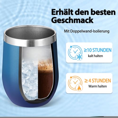Volhoply 12oz Edelstahl Weinbecher mit Deckel Bulk 4 Pack,350ml Doppelwandige Vakuum Stemless Weingläser… – Ansicht 5