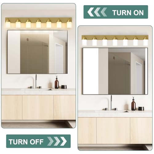 Image of IZORRO Bathroom Vanity Light Fixture, 7-Light 52 inch Gold Bathroom Light Fixtures Over Mirror, with White Glass Shade, Modern Farmhouse Vanity Lights, Rustic Restroom Lighting Fixtures