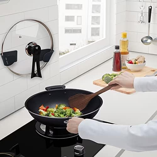 5PCS Wall Mount Pot Lid Stand Holder Rack, Plastic Pot Lid Holder, Strong Self-Adhesive Wall Mount Pot Lid Holder for Home Kitchen (Black)