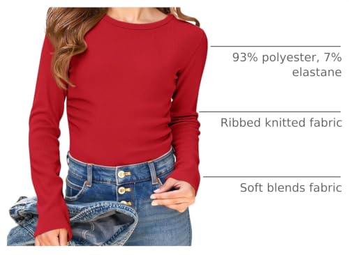 Image of Haloumoning Girls Long Sleeve Shirts Crewneck Ruched Side Slim Fit Tops Ribbed Knit Casual Tee Shirt 4-15 Years