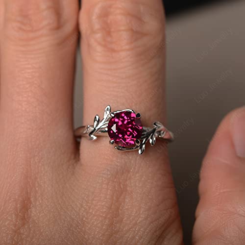 Luo Round Shaped 7 Mm Retro Created Ruby Branch Statement Ring 925 Sterling Silver Birthstone Ring For Women Us Size 7.5 #TOP4