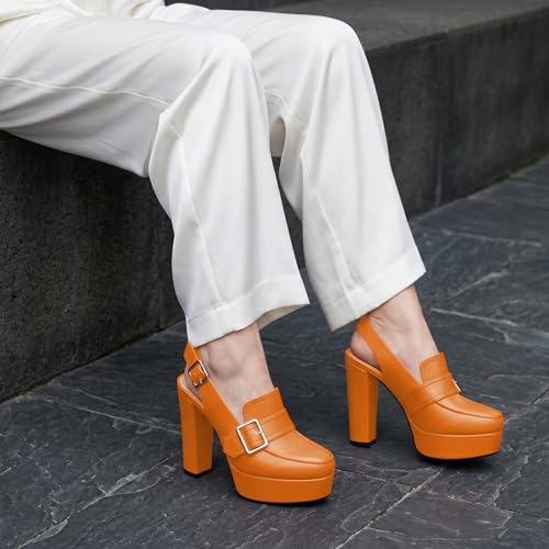 Image of Women's High Heel Loafers Platform Pumps Round Toe Heels Chunky Heel Pumps Stylish Comfortable 4.8 Inch Slingback Heels