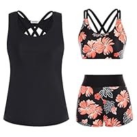 JASAMBAC Damen Bikini,3-Teiliger Tankini Damen Bauchweg, Push-Up-Bikinioberteil Und High Waist Badeshorts, Einfache Badebekleidung, Sport-Badeanzug, Bademode für Schwimmbad, Strand