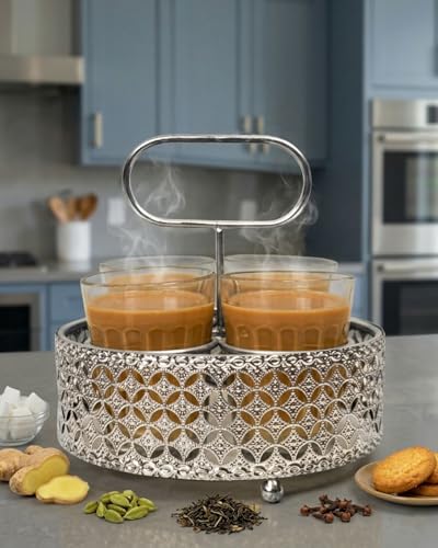 Image of Tea Glass Set with Metal Stand | Set of 4 Cutting Chai Glasses 120ml | Designer Steel Holder Tray for Tea Coffee Serving | Home Kitchen Cafe Use (Silver)