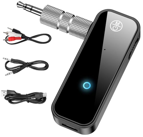 Bluetooth 5.0 Adapter 3.5mm Jack Aux Dongle, 2-in-1 Wireless Transmitter Receiver for TV/Travel Flight, Gym, Supports to Headphones, Bluetooth Receiver for Car/Home Stereo (with RCA & AUX) ﻿