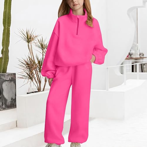 Girls Half Zipper Sweatshirts Set Plain Fleece 2 Piece Baggy Sweatpants Pullover Tops Sweatsuits (Hot Pink, 12-13 Years)3