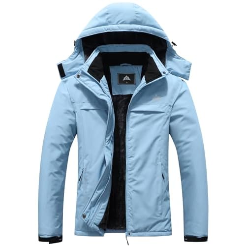 MOERDENG Women's Ski Jacket Warm Winter Coat Hooded Snowboarding Jackets Waterproof Mountain Windbreaker for Hiking Traval Denim Blue Small