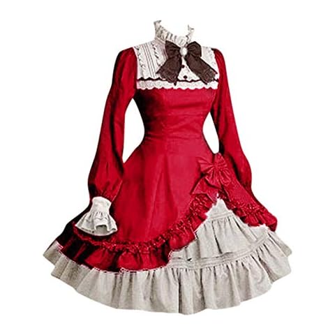 Women Sweet Lolita Dress Victorian Long Sleeve Princess Halloween Cosplay Costumes Lace Layers Maid Dresses(Red,3X-Large) Cover