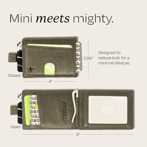 Image of Swear Brands Full Grain Leather Wallet with RFID Blocking & Money Clip - Minimalist Bifold Wallet Holds 12 Cards - Easy Access Pull Tab - Ethically Sourced (Green)