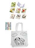 Bolsa de tejido Non Woven color blanco especialmente diseñada para colorear con ceras. Con Asa larga para colgar del hombro. El precio incluye bolsa + 5 ceras de colores. No tiene presentación individual. Medida: 22 x 19,5 x 6,5 cm.