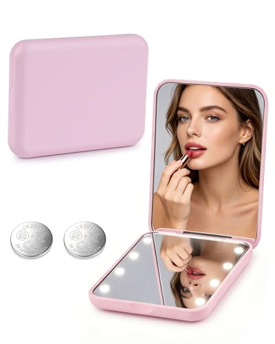 lulir Miroir de Poche, Miroir Maquillage LED Grossissant 1X/2X Voyage, Portable Pliable, 180° Ouverture, Lumière Naturelle sans Distorsion, pour Voyage,...
