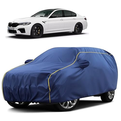 Image of Sulfar 100% Water Resistant Car Body Cover Compatible with Mirror for BMW M5 (Triple Stitched, Full Bottom Elastic, Blue Taffeta with Yellow Piping)