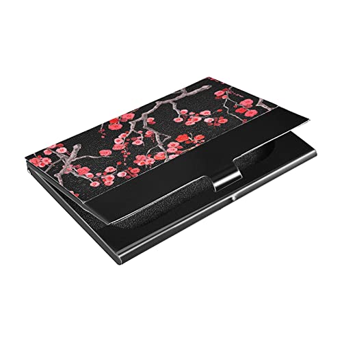 ALAZA Sakura Cherry Blossom Flower Floral Funny Business Card Holder Case for Women Men Cute PU Leather & Metal Name Card Holders with Clip