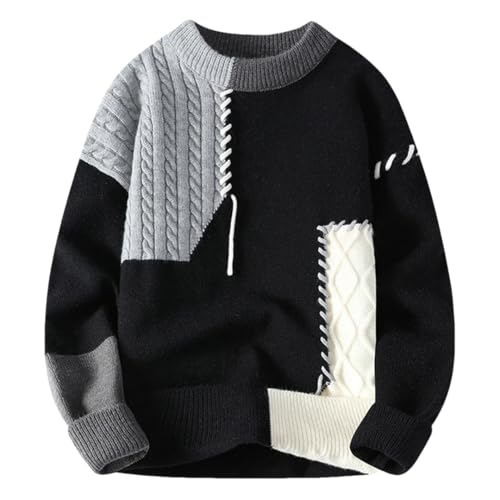 Men Patchwork Knit Sweater Long Sleeve Thick Warm Crew Neck Pullover Casual Jumper
