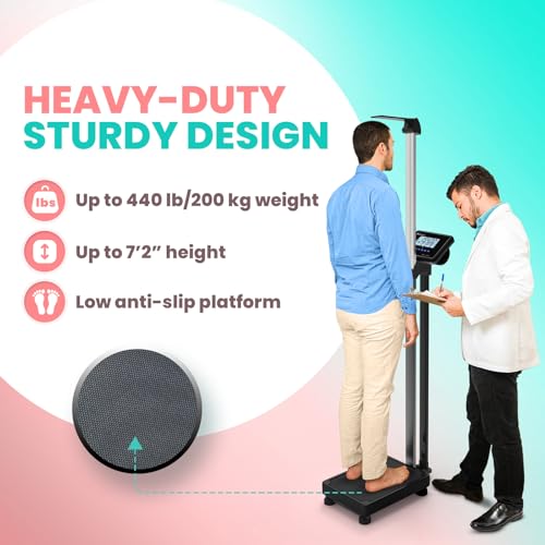 Image of Adamson M1 Medical Scale, 440 lb / 200 kg Capacity, BMI with Weight and Height, Professional Digital Scale for Body Weight, Home, Hospital, & Physicians, Heavy Duty - Black