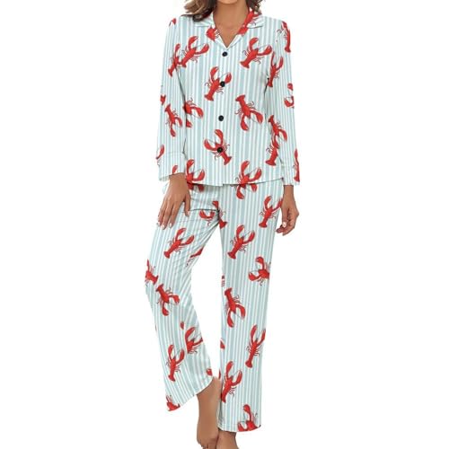 Women's Pajama Sets Sea Lobster Cartoon Long Sleeve Lounge Sets Pjs Sleepwear with Pockets
