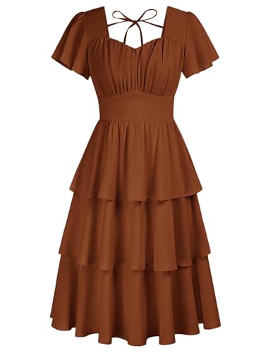 Belle Poque Women's Square Neck Tiered Ruffle Dress 2025 Vintage Layered A-line Swing Midi Dress Brown XX-Large
