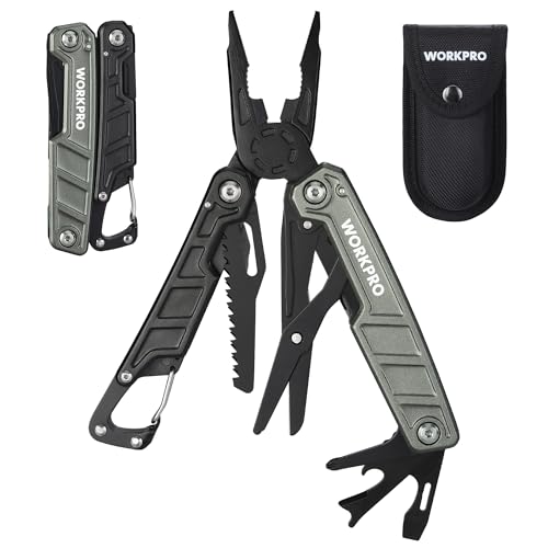 WORKPRO 11-in-1 Multi-Tool Pliers with Carabiner and Sheath, Stainless Steel Multi Tool with Carrying Bag, Scissors, Bottle Opener, Saw, Screwdriver, Carabiner for Camping