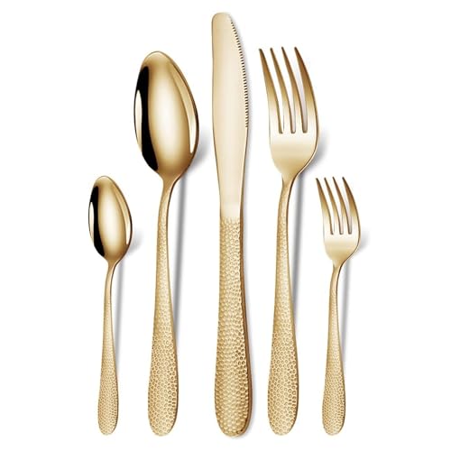 Image of aDai Hammered Aurum Gold Silverware Set | 5-Piece Premium Stainless Steel Flatware Set | Dishwasher Safe Cutlery Set for Home, Restaurant & Gifting