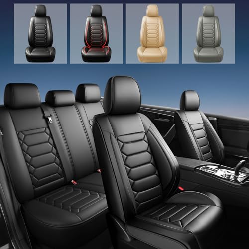 Image of Fit Sierra Car Seat Covers (5 Seats Full Set) Compatible with GMC Sierra 1500 /2500 /3500 2000-2026-Full Coverage Breathable Leather, Airbag Compatible, Waterproof & All-Weather,Black