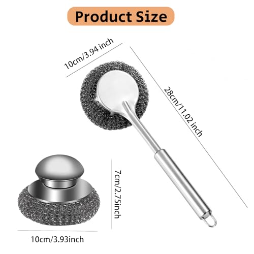Image of Steel Wool Scrubber with Handle, Stainless Steel Pan Cleaner Scrubber with Long Short Handle Cleaning Brush Metal Scrubber with Replacement, Steel Scrubber for Dishes Tableware Home Kitchen
