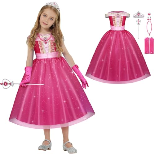 BSBUY Aurora Kostüm Kinder Dornröschen Mädchen 7Pcs Kleid Kinder mit Krone Schmuck Handschuhe Zauberstab Halskette und Ringe Princess Costume für Verkleidung Karneval Halloween Geburtstag Dress Up 120