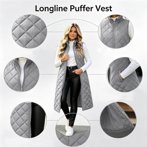 Funnyrap Long Puffer Vest Women Quilted Sleeveless Zip Up Jacket Gray Small - image 7