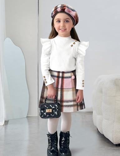 Toddler Girl Clothes,Girls Outfits Long Sleeve Ruffle Button Tops + Plaid Skirt Shorts + Hat 3Pc Little Girls Clothes3