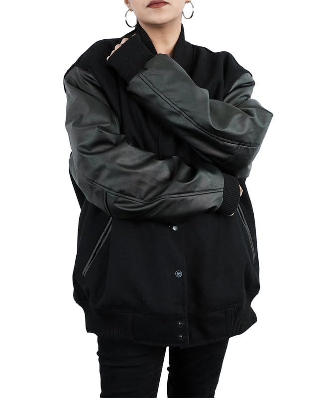 SpazeUp Women's Oversized 90s Bomber Jacket - High School Letterman Varsity Jacket - Plus Size - Black2