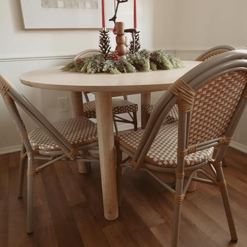 Image of PURPLE LEAF Outdoor Dining Chair Set of 2 Patio French Aluminium Frame in Bamboo Finish with Amber & White Woven Rattan for Indoor Kitchen Deck Bistros Cafe Restaurant